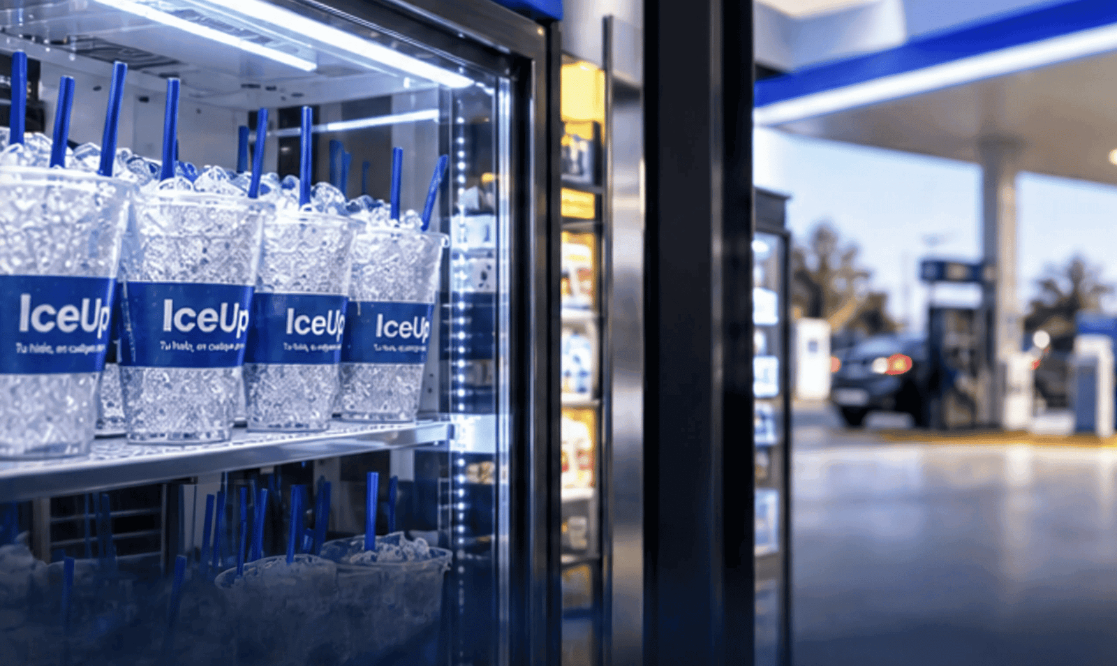 Vasos IceUp en la nevera de una gasolinera