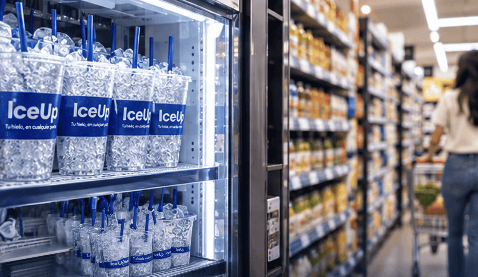 Vasos IceUp en el lineal de frío de un supermercado